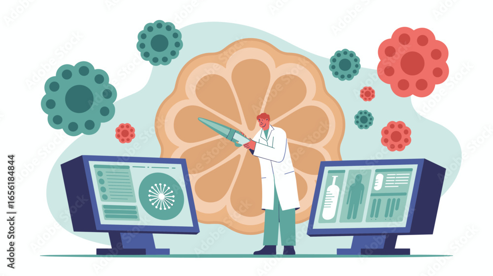Poster scientist with syringe studying virus cells on computer screens vector illustration