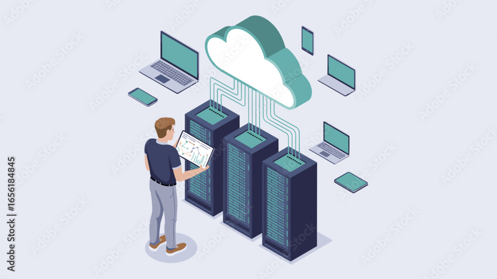 Aufkleber it technician managing server racks connected to a cloud network isometric vector illustration