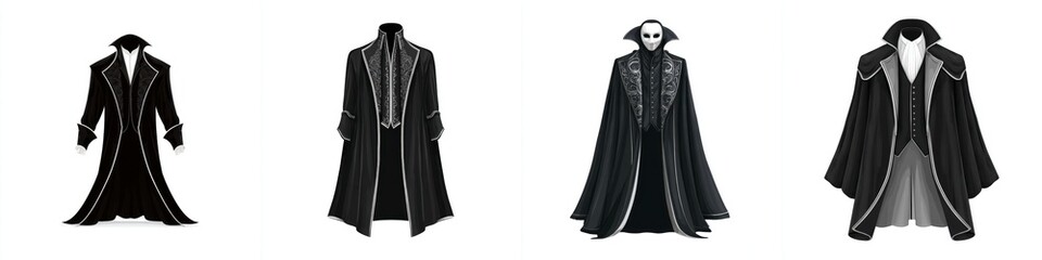 Collection of gothic vampire costumes with intricate embroidery, dark elegant robes, mysterious masks, and dramatic Victorian influences for Halloween or cosplay events