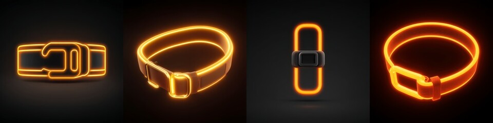 Neon glowing dog collars and smart fitness wristbands illuminated in vibrant orange hues on dark background for fashion and wearable technology concepts