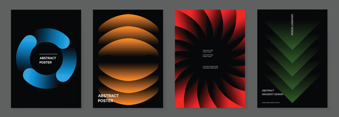 Modern gradient poster on dark background vector set. Cover template with blue orange red green geometric shape different. Modern Design for wall art, flyers, brochures, covers and web banners.