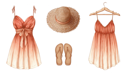 A vibrant summer wardrobe essential collection showcasing a beautiful flowing dress a wide brimmed sun hat and comfortable flip flop sandals for a perfect warm weather outfit.