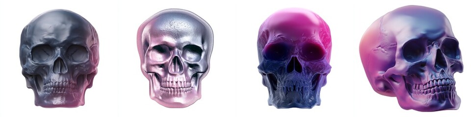 Obraz premium Colorful metallic and iridescent skulls with reflective surfaces in various angles and lighting effects, dark and vibrant hues, detailed textures, artistic digital render for horror, Halloween, or