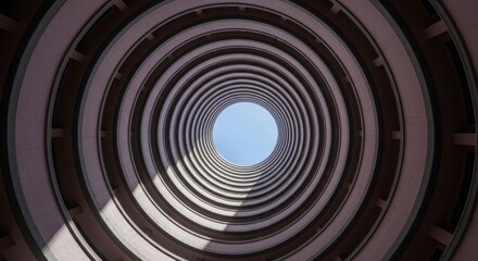 Worm's eye view of a building with circular architecture and a glimpse of blue sky at the top center