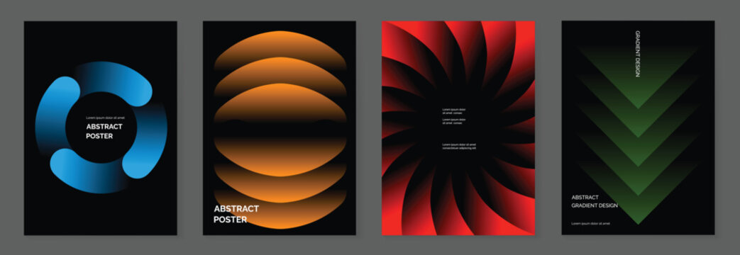 Modern gradient poster on dark background vector set. Cover template with blue orange red green geometric shape different. Modern Design for wall art, flyers, brochures, covers and web banners.