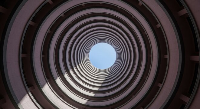 Worm's eye view of a building with circular architecture and a glimpse of blue sky at the top center