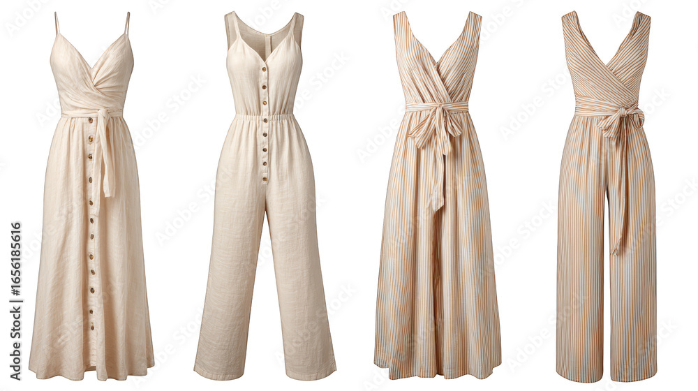 Poster a vibrant four of elegant flowing gowns displayed in a row showcasing a beautiful spectrum of colors