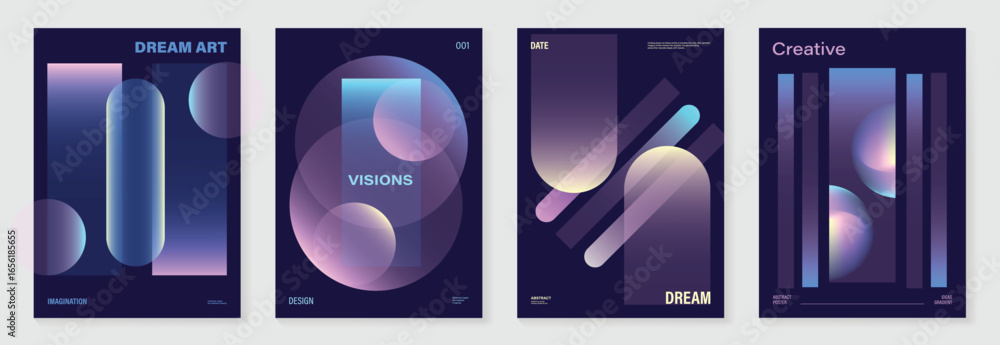 Poster modern gradient poster on dark background vector set. cover template with blue pink geometric shape 