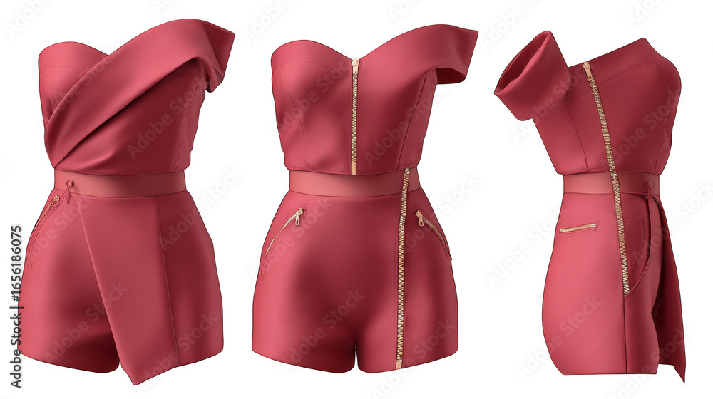 Poster a curated fashion ensemble showcasing three distinct dresses and a coordinated zippered top highligh