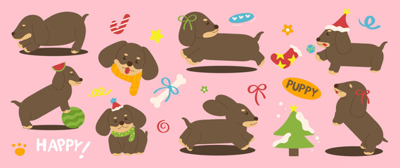 Dachshund dog element vector set. Lovely dog doodle in different pose with bone, candy cane, christmas tree, santa costume. Adorable pet hand drawn collection for T-shirt, sticker, print, pet shop.