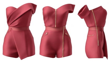 A curated fashion ensemble showcasing three distinct dresses and a coordinated zippered top highlighting modern apparel design with functional and aesthetic zipper accents for a contemporary look.