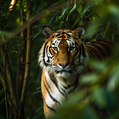 Fototapeta premium Captivating Tiger Portrait Striking Gaze Amidst Lush Foliage in Natural Habitat