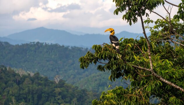 Hornbill bird perches in lush treetop