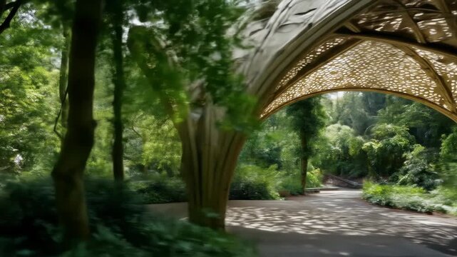 An arching, latticed wooden structure in a park-like setting, casting shadows on a path leading into the lush green foliage