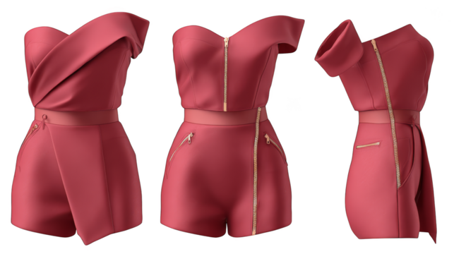 A curated fashion ensemble showcasing three distinct dresses and a coordinated zippered top highlighting modern apparel design with functional and aesthetic zipper accents for a contemporary look.