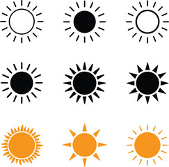 Sun Icon Set Vector, Sunny Weather Sign and Sunshine Shape with Transparent Background