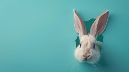 Obraz premium Adorable white bunny with upright ears peeking out from a jagged hole in bright teal wall with debris scattered around, lying down with a calm gaze in a playful and quirky Easter-themed composition