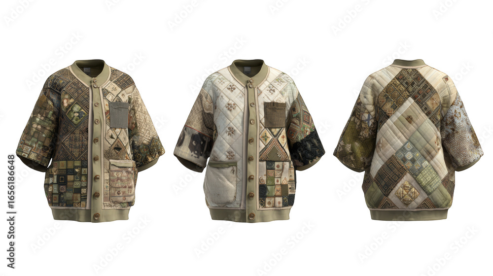 Aufkleber a vibrant and eclectic collection of three distinct outerwear jackets each showcasing a unique and e