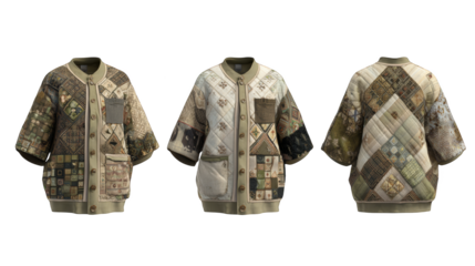 A vibrant and eclectic collection of three distinct outerwear jackets each showcasing a unique and eye catching pattern design displayed for contemporary fashion inspiration.