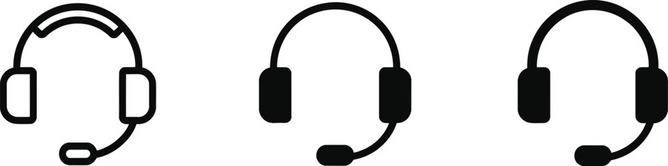 Three Black Headset Icons with Microphone on a White Background Minimalist Design
