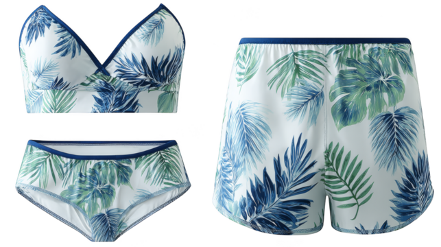 An immaculate white two piece bathing suit showcasing a vibrant botanical print featuring intricate blue and green leaves a perfect example of stylish tropical summer beachwear.