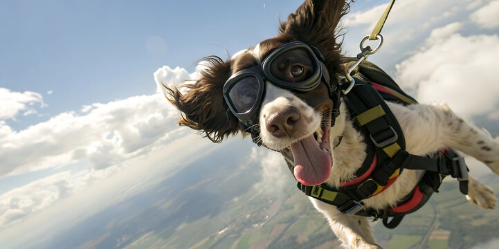 Excited Springer Spaniel Dog Skydiving with Goggles and Harness in Blue Sky Clouds