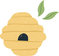 Simple cartoon illustration of a round beehive with entrance and leaves hovering nearby, representing natural honey production and beekeeping