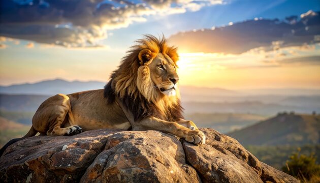 Lion rests on kopje at golden sunset