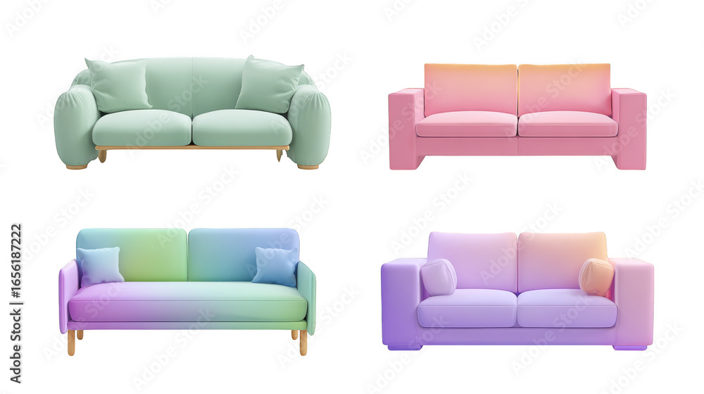 Poster a vibrant collection of four distinct sofas each showcasing a unique and bold color palette arranged