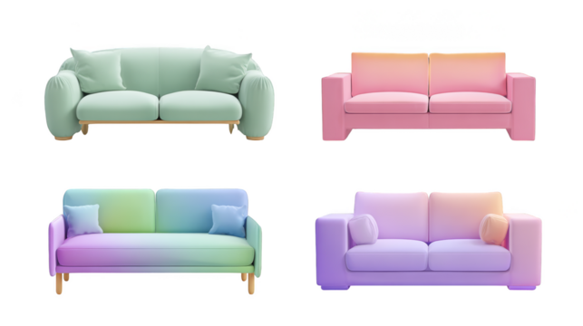 A vibrant collection of four distinct sofas each showcasing a unique and bold color palette arranged together to highlight their diverse styles and hues in a minimalist setting.