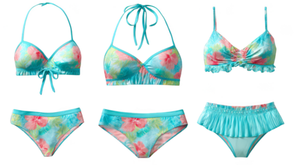 A vibrant and diverse collection of stylish two piece swimwear for women showcasing an assortment of colorful bikini designs patterns and cuts perfect for summer beach days.