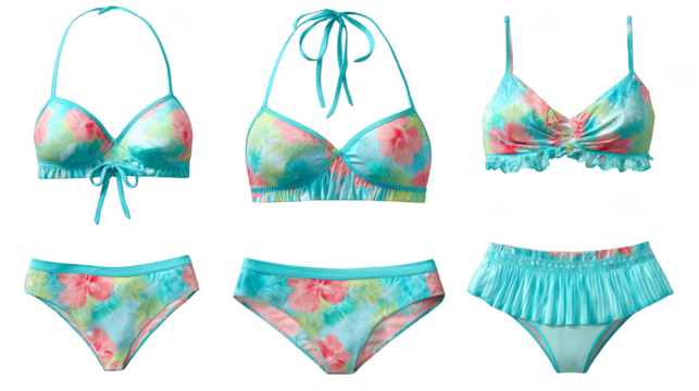 A vibrant and diverse collection of stylish two piece swimwear for women showcasing an assortment of colorful bikini designs patterns and cuts perfect for summer beach days.