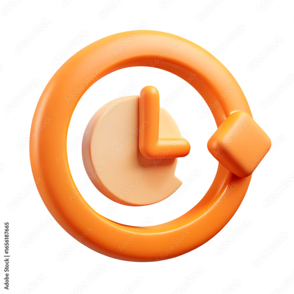 Poster vibrant orange 3d time history icon with a clockwise circular arrow and clock face.