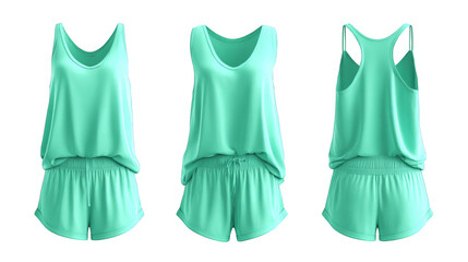 A vibrant and stylish collection of three complete women's athletic apparel outfits each featuring comfortable sports shorts paired with a matching tank top ready for any fitness activity.