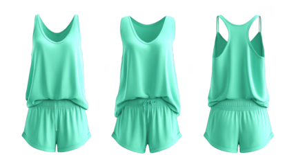 A vibrant and stylish collection of three complete women's athletic apparel outfits each featuring comfortable sports shorts paired with a matching tank top ready for any fitness activity.