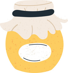Closed glass jar filled with honey or jam, topped with textured cloth and a blank label, isolated on a white background, embodying homemade goodness and culinary delight