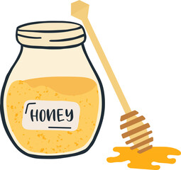 Honey dripping from wooden honey dipper next to a glass jar of honey with label, isolated on white background representing natural sweetener and healthy food