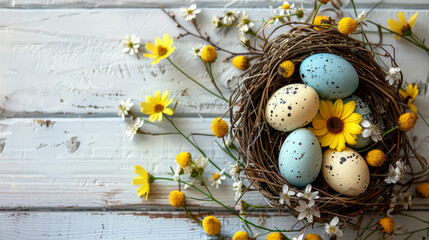 A charming Easter nest arrangement featuring speckled blue and cream-colored eggs, nestled among yellow daisies and small white blossoms. The rustic twig nest rests on a weathered white wooden surface