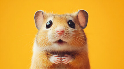 Cute hamster with pet food packaging on a beige background, small pet food advertisement, product branding mockup design