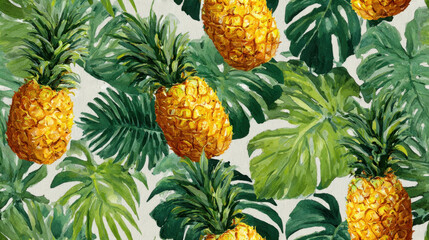 Fototapeta premium Bright watercolor pineapples with lush tropical foliage in seamless exotic fruit pattern