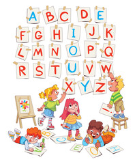 Kids draw English alphabet with colored pencils. Children decorate wall with colorful letters. Colorful cartoon characters. Funny vector illustration. Isolated on white background