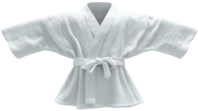 A pristine white terrycloth bathrobe featuring a neatly tied decorative bow on the front sash suggesting comfort spa like relaxation simple elegance and clean apparel design