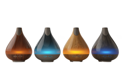 A horizontal row of four essential oil diffusers with various wood grain colors and LED lighting.