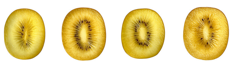 A series of four golden kiwi fruits, each cut in half to show the vibrant yellow flesh and seeds.