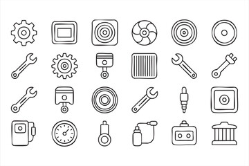 Automotive repair tools and car parts vector icons set in outline style