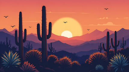 cactus,  siluetas, atardecer, vector