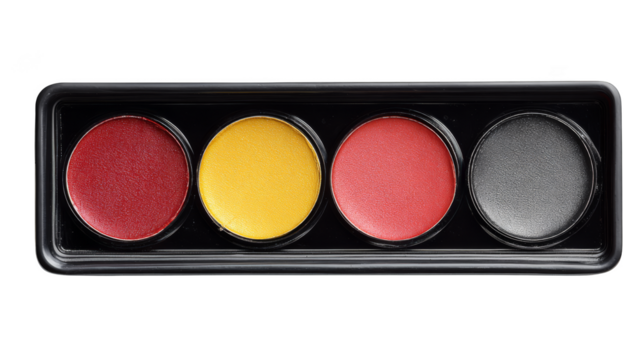 A sophisticated cosmetic arrangement featuring a trio of round pressed powder eyeshadows with vibrant pigmentation elegantly displayed on a minimalist black tray for a modern beauty concept.