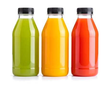 Three clear plastic bottles filled with vibrant orange, green, and red juice, arranged side-by-side on a white background. Fresh and colorful beverages.
