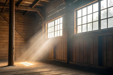 Golden sunlight streams through the dusty wooden windows of an old rustic barn, creating warm rays of light and a nostalgic atmosphere across the floor