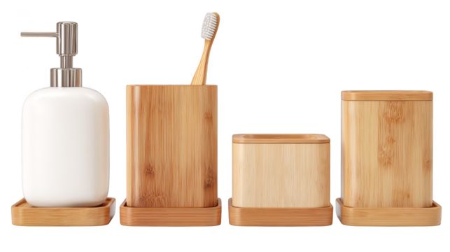 A beautifully crafted eco friendly bamboo bathroom accessories set featuring multiple pieces for a complete and cohesive vanity countertop organization and a modern spa like aesthetic.